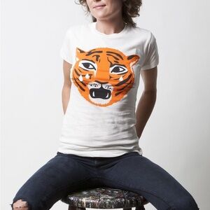 Ladies White Short Sleeve Tee with Orange Crying Tiger Face Graphic